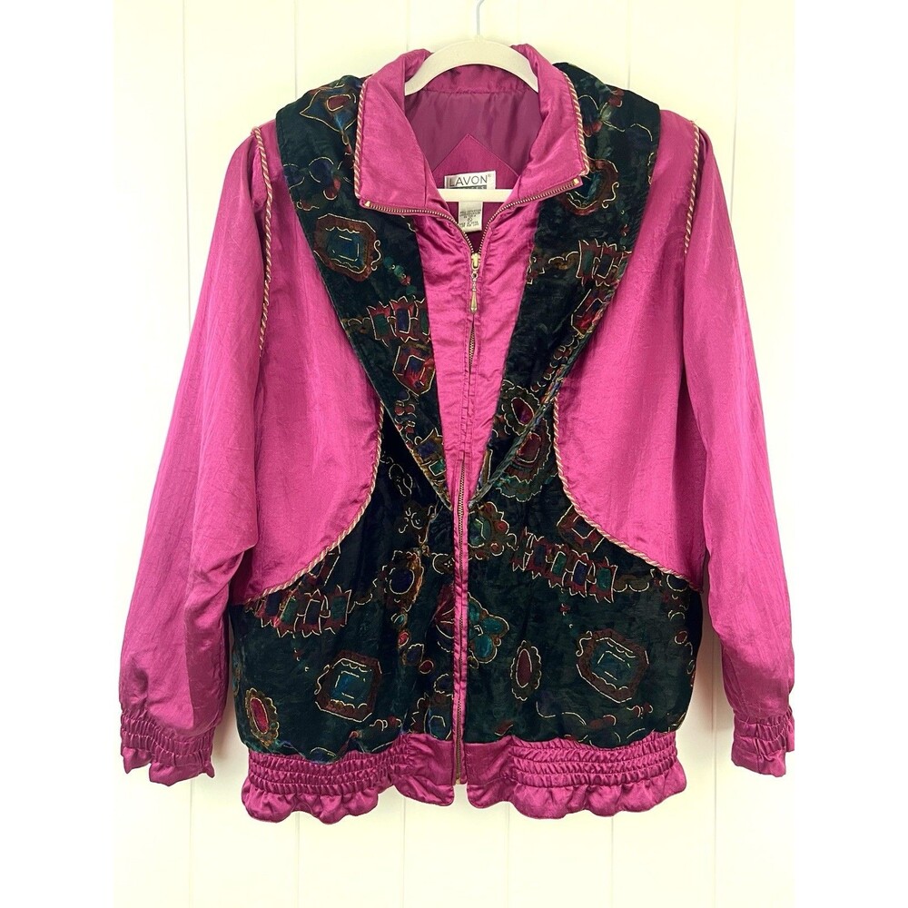 Vintage Lavon Petites Fuchsia Pink & Black Velvet Puffy Cozy Windbreaker 90s Lrg
